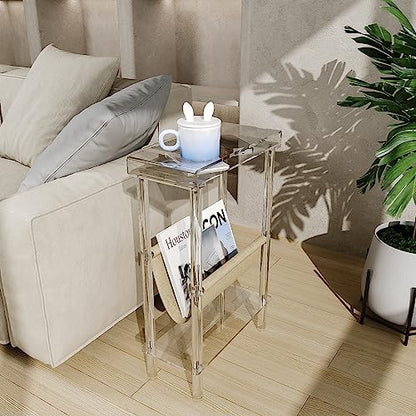 Eglaf Acrylic Narrow Side Table for Small Spaces - Slim End Table | Skinny Side Table with Magazine Holder, Small Bedside Table Nightstand for Living Room Bedroom, 15.7” L x 7” W x 23.9” H