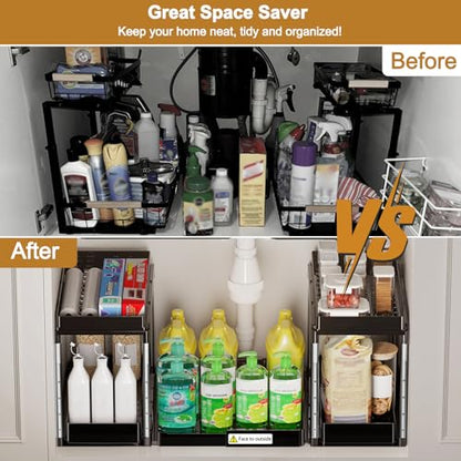 NIUXX Expandable Under Sink Organizer: 2 Tier Height Adjustable Under Cabinet Organizer - Double Pull Out Shelf Under Sink Storage for Kitchen - Bathroom and Laundry Room - Space Saving - size: 27.9"L x 15.51"W-Height adjustable