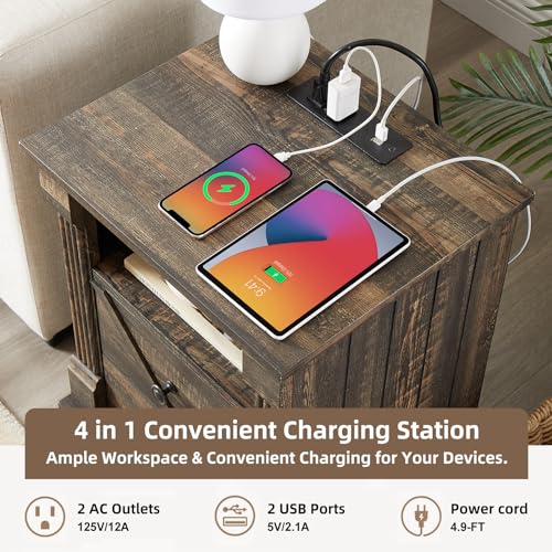 Minifeel Farmhouse Nightstand with Charging Station, 18" Wide 2 Drawer Night Stand, Barn Door Wood Bedside Table with Open Storage Shelf, Sofa Side End Tables with Roman Column for Bedroom, Dark Oak - color: Dark Rustic Oak