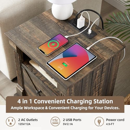 Minifeel Farmhouse Nightstand with Charging Station, 18" Wide 2 Drawer Night Stand, Barn Door Wood Bedside Table with Open Storage Shelf, Sofa Side End Tables with Roman Column for Bedroom, Dark Oak - color: Dark Rustic Oak