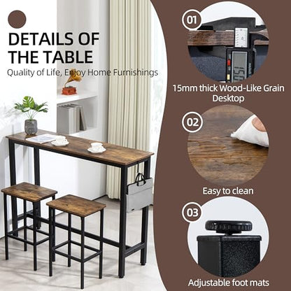 Finnhomy 52.7" Industrial Bar Table Set with 2 Stools - Counter Height Dining & Pub Table for Small Spaces, Kitchen, Apartment, Breakfast Nook - Metal & Wood, Space-Saving Furniture - Rustic Brown - color: Rustic Brown, size: 52.7" Bar Table