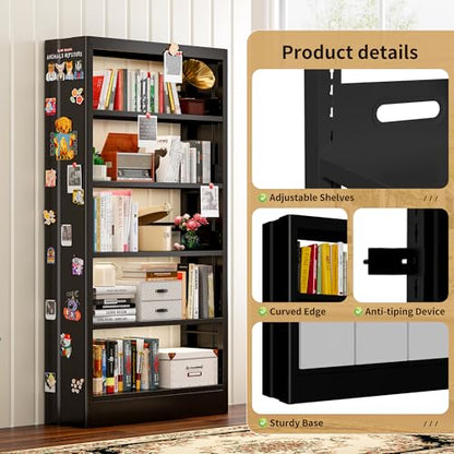 70.9" H Metal Bookshelf, Adjustable Bookcase, 5-Tier Heavy Duty Bookshelf with Bookend, Tall Bookshelves, Bookcase Shelf for Living Room, Office, Library,Classroom (Black-72.8W) - color: Black, size: 72.8" Wide