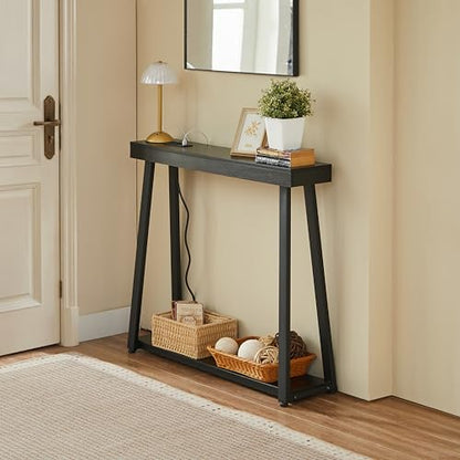 Narrow Small Entryway Table with Charging Station, 36 Inch Thin High Tall Console Sofa Table with Power Outlet and USB&C Port for Entry Hallway, Living Room, Foyer, Thick Metal Frame, Black
