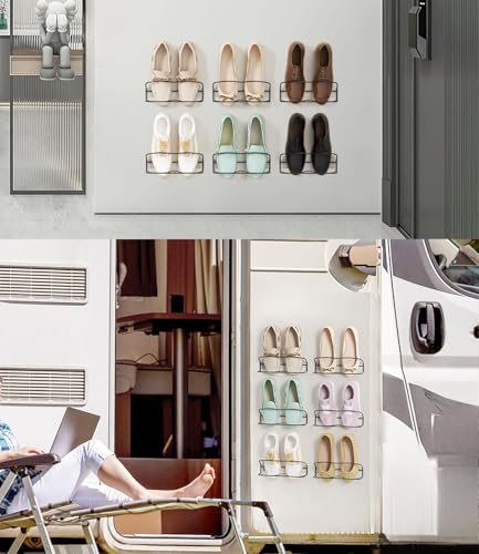 Wall Mounted Shoe Rack 6PCS, with Sticky Hanging Strips, Metal Wall Shoe Storage, Hanging Shoe Organizer for Door/RV/Wall