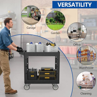 Large Garage Plastic Utility Cart, Heavy Duty 2 Shelf Tool Cart Service Cart Rolling Push Carts with Ergonomic Handle 5" Swivel Casters. - color: Black, size: 34 x 17 Inch