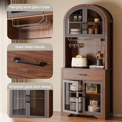 Tall Arched Pantry Cabinet, Kitchen Pantry Cabinet with Drawer and Charging Station, Tall Coffee Bar Cabinet with Storage, Dining Room Kitchen Hutch Storage Cabinet - color: Walnut
