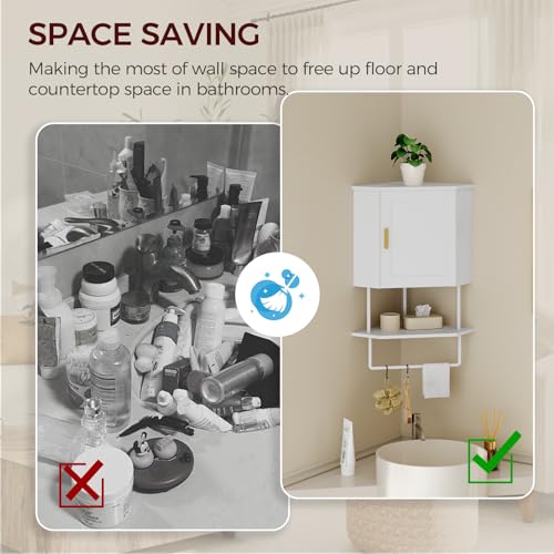 MAHANCRIS Bathroom Wall Cabinet, Corner Wall Mount Medicine Cabinet with Adjustable Shelf & Towel Bar, 3-Tier Over Toilet Storage Cabinets for Bathroom Laundry Room Kitchen, for Small Space, White