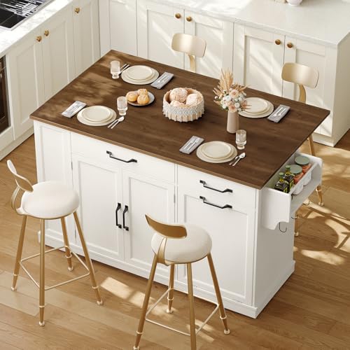 RALGEND Kitchen Island with Power Outlet & Drop Leaf, Rolling Storage Cart with Trash Storage Cabinet, Farmhouse Mobile Island Table for Kitchen, Dining Room, Hidden Casters, White and Walnut - color: White + Walnut