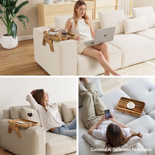 ZUJJAFY Couch Armrest Table, Acacia Wood Couch Arm Tray, Clip-On Sofa Arm Tray Table for Drink Eating Snacks Remote and Control