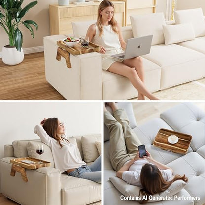 ZUJJAFY Couch Armrest Table, Acacia Wood Couch Arm Tray, Clip-On Sofa Arm Tray Table for Drink Eating Snacks Remote and Control