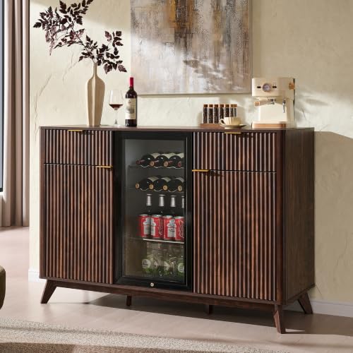 OKD 60" Fluted Coffee Bar Cabinet with Mini Fridge Space, Dark Walnut | Mini Fridge Compatible, Built In Charging Station, 3 Stemware Racks, 2 Drawers, 2 Cabinets, Home Bar Cabinet Storage - color: Dark Walnut