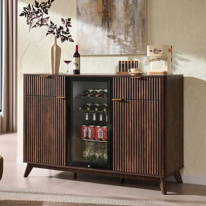 OKD 60" Fluted Coffee Bar Cabinet with Mini Fridge Space, Dark Walnut | Mini Fridge Compatible, Built In Charging Station, 3 Stemware Racks, 2 Drawers, 2 Cabinets, Home Bar Cabinet Storage - color: Dark Walnut