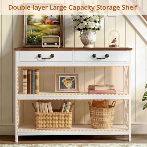 IRONCK 39.4" Farmhouse Console Table with Storage, Narrow Entryway Table with 2 Drawers & 2 Shelves, Industrial Wood Sofa Table for Living Room/Hallway, White/Walnut - size: 39.4inch