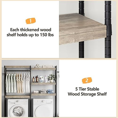 IDEALHOUSE Laundry Room Organization and Storage,5 Tier Wood Over The Washer and Dryer Storage Shelf with Drying Clothes Racks,Space Saver Heavy Duty Bathroom Laundry Shelf for Home Storage and Decor