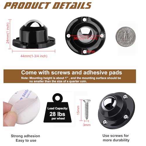 PlusRoc 12 Pack Self Adhesive Caster Wheels 1 Inch for Furniture Mop Bucket, Load Capacity 28LBS Per Wheel, Low Profile Swivel Wheels for Small Appliance Storage Bins - style: Steel Ball