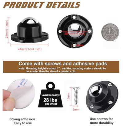 PlusRoc 12 Pack Self Adhesive Caster Wheels 1 Inch for Furniture Mop Bucket, Load Capacity 28LBS Per Wheel, Low Profile Swivel Wheels for Small Appliance Storage Bins - style: Steel Ball