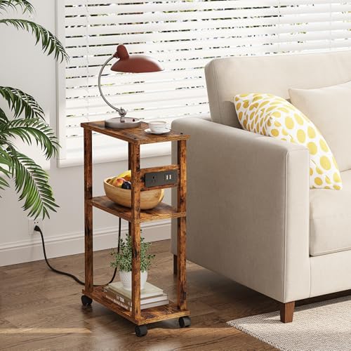 TUTOTAK Small Narrow Side Table with Charging Station, Skinny End Table | for Small Spaces, Slim Nightstand with USB Ports and Outlet, Sofa Beside Table with Wheels, Rustic Brown TB01BB046C - color: Rustic Brown, size: 1 PC, style: With Plug