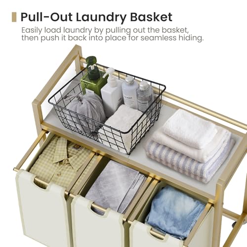 SwaaVee Laundry Sorter, Laundry Hamper 3 Section, 3×11.4Gal, Metal Frame Rolling Laundry Basket with Wooden Top Shelf, Pull out and Removable Laundry Bags, 3 Bags-Golden - color: Gold