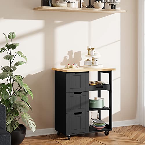 SUNLEI Kitchen Island with Storage Cart Rolling Coffee Small Butcher Block Table Microwave with 3 Drawers on Wheels Station Portable Mobile Narrow Moveable Utility Counter Wood Top Spaces Bar Food - size: 26.6 INCH, style: Black