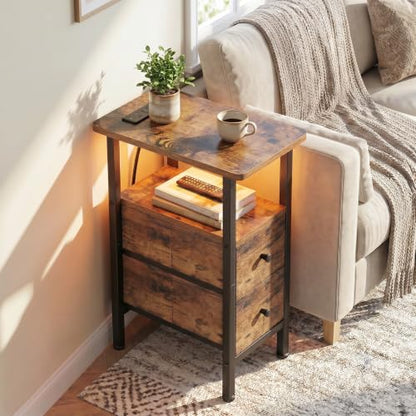 LOAKEKEL Narrow Nightstand with Charging Station, End Tables Living Room | Set of 2, Skinny Side Table with 2 Fabric Drawers, Small Sofa Table with LED Light for Bedroom, Rustic Brown - color: Rustic Brown, style: Power + Light