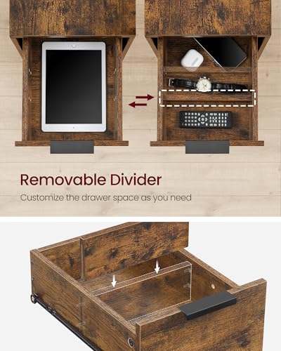 VASAGLE Side End Table with Charging Station, Slim Nightstand with 2 Drawers, Narrow Bedside Table for Living Room, Small Spaces, 18.9 x 11.8 x 24 Inches, Rustic Brown and Ink Black ULET324K101S - color: Rustic Brown + Ink Black, size: 18.9"D x 11.8"W