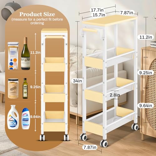 Utility Slim Storage Cart with Wheels, 4 Tier Slim Rolling Cart, Slim Rolling cart for Kitchen,Small Rolling Cart with Wood Top, Skinny Metal Organization Trolley Laundry with Handle for Small Space