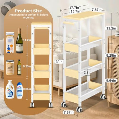 Utility Slim Storage Cart with Wheels, 4 Tier Slim Rolling Cart, Slim Rolling cart for Kitchen,Small Rolling Cart with Wood Top, Skinny Metal Organization Trolley Laundry with Handle for Small Space