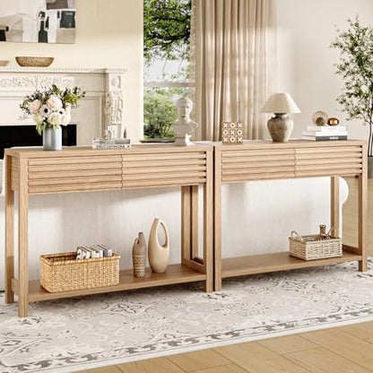 EAG 40" Fluted Console Table with 2 Drawers, Modern Wood 2 Tier Entryway Table with Storage Shelf, Narrow Sofa Tables Behind Couch for Entrance Foyer, Hallway, Living Room, Natural - color: Natural