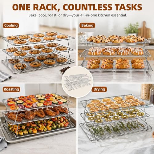 Cooling Rack 16"x10", 3-Tier Stackable & Collapsible Cooling Racks | Cooling Racks for Cooking and Baking, Roasting, Grilling, Oven & Dishwasher Safe (Silver, 3-Tier-SL) - color: Silver, size: 3-Tier-SL