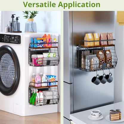 Magnetic Shelf for Fridge with Wood Top & Produce Basket – 2-in-1 Magnetic Spice Rack for Refrigerator – Space-Saving Kitchen Organizer for Fruits, Potatoes, and Onions (with Hooks) - size: 1pcs