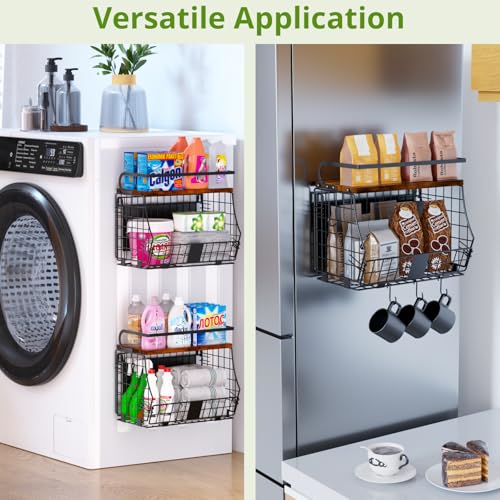 Magnetic Shelf for Fridge with Wood Top & Produce Basket – 2-in-1 Magnetic Spice Rack for Refrigerator – Space-Saving Kitchen Organizer for Fruits, Potatoes, and Onions (with Hooks) - size: 2pcs
