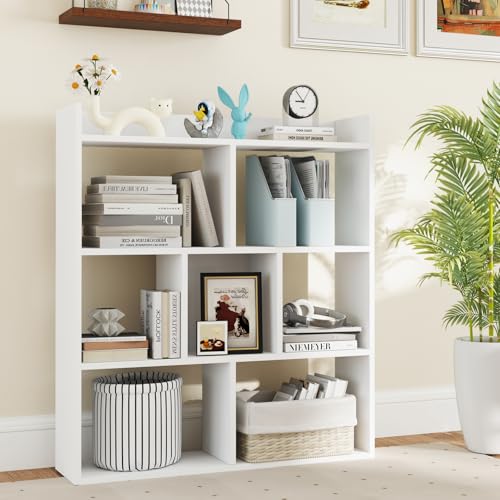 Tangkula 7-Cube Bookshelf, Floor Standing Open-Back Bookcase with Anti-Toppling Devices, Wooden Geometric Bookshelf, 4-Tier Storage Display Shelf for Living Room, Study, Office (1, White)