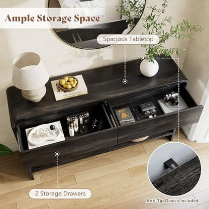 AMERLIFE 45" Modern Entryway Console Table with 2 Storage Drawers | Open Bottom Shelf, Wood Grain Finish, Rounded Edges, Long Sofa Table, Behind Couch, Hallway, Foyer, Living Room, Black - color: Black - Flat Panel, size: 45"