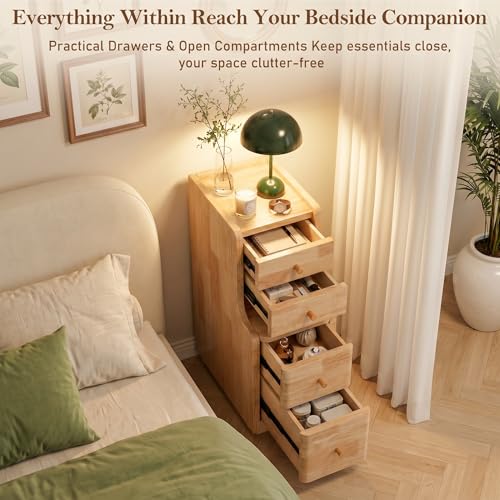 Narrow Nightstand with 4 Drawers, 7.9" Solid Wood Narrow Bedside Table Natural with Open Shelf & Cable Hole, Modern Night Stand Slim Bedside Table for Bedroom(Fully Assembly) - color: Natural