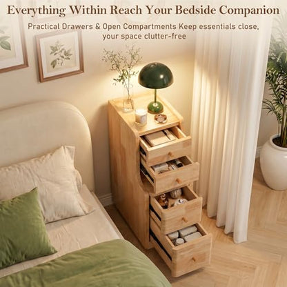 Narrow Nightstand with 4 Drawers, 7.9" Solid Wood Narrow Bedside Table Natural with Open Shelf & Cable Hole, Modern Night Stand Slim Bedside Table for Bedroom(Fully Assembly) - color: Natural