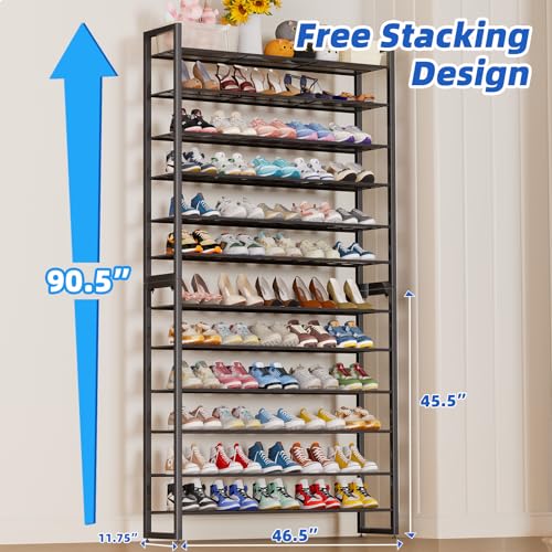 Simple Trending 12 Tier Shoe Rack Holds 60 Pairs, Sturdy Tall Shoe Organizer, Heavy Duty Large Metal Stackable Shoe Shelf for Entryway, Closet, Bedroom, Black - size: 12 Tiers