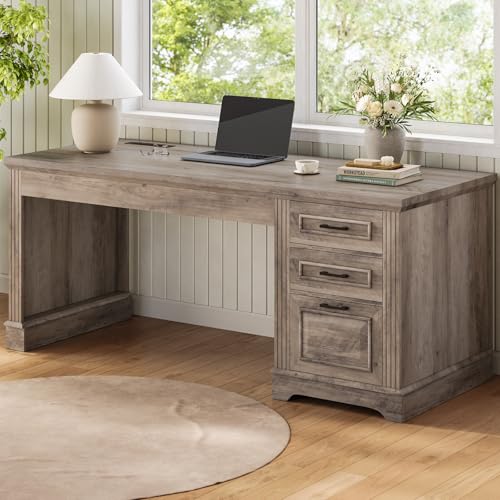 Itaar Farmhouse 55" Executive Desk, Computer Desk with Storage Drawers and Power Outlet, Home Office Desk, Workstation for Office Home, Grey - color: Grey, size: Executive Desk