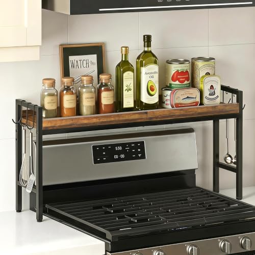 31 Inch Over the Stove Spice Rack, Adjustable 3-Tier Stove Top Shelf Equipped with 6 Utility Hooks to Organize Spices & Kitchen Gadgets (Browm) - color: Brown