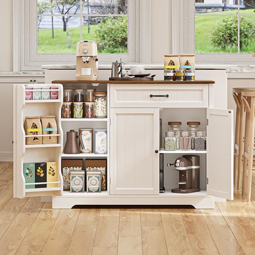 Gizoon Kitchen Coffee Bar Cabinet with Storage Kitchen Sideboard Buffet Cabinet with Drawers, Short Pantry with Door and Shelves for Bathroom and Living Room, White and Rustic - color: White and Retro, size: 42"W (3 Doors + 1 Drawer)