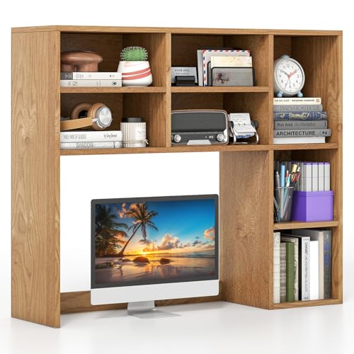 Giantex Desktop Bookshelf, Desk Hutch Dorm w/ 7 Cubes & 3 Adjustable Shelves, Desk Shelf for Up to 27" Computer Monitors, Wooden Desktop Storage Organizer for Dorm College Office Homem, Natural - color: Natural, size: 7 Shelves (31"H)