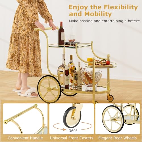 Tangkula Bar Cart, 3-Tier Rolling Home Bar Serving Cart with Mirrored Shelves & 4 Wheels, Mobile Beverage & Wine Cart for Kitchen, Dining Room, Living Room (Gold) - color: Gold