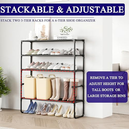 Long Shoe Rack, 3-Tier Stackable Shoe Organizer for Closet, Entryway, Hallway, Extra Bottom Layer, Holds 16-20 Pairs, Sturdy & Durable Waterproof Fabric Shelf, Space-Saving,Black(35.8" Wide) - size: 3-Black-35.8"