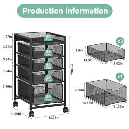 keomaisyto 5-Tier Kitchen Storage Cart with Top Basket & Drawers, Fruit and Vegetable Storage Rack on Wheels, Metal Rolling Cart with Drawers & Kitchen Organization for Snacks, Potatoes, Onions, Cans - size: 5-Tier