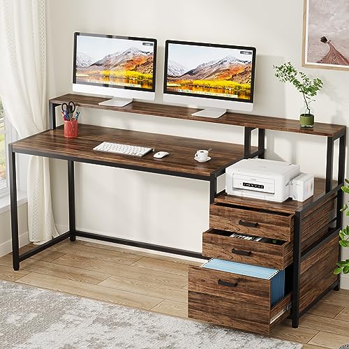 Tribesigns 63 Inch Computer Desk with File Drawer Cabinet, Ergonomic Office Desk with Monitor Stand, Industrial Computer Table with Printer Space, Wood PC Table Workstation Desk for Home Office - color: Rustic Brown