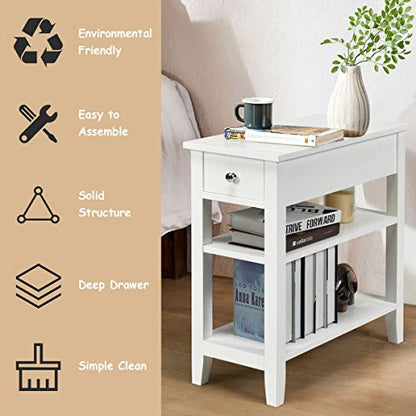 Giantex Narrow End Table Set of 2, Small Side Table with Drawer and Shelf, Wood Accent Sofa Table, Skinny Nightstand for Small Space Living Room Bedroom, White - color: White