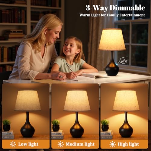 Seealle 16.1" Touch Table Lamps for Nightstand, 3-Way Dimmable Small Bedroom Lamps for Night Stands, Black Bedside Lamps for Living Room, Kids Room, End Table - color: A. Beige Shade & Black Base
