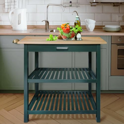 Kitchen Island with Solid Wood Top, Natural/Hunter Green - color: Hunter Green