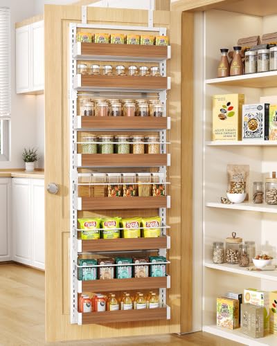 SNTD 8 Tiers Over the Door Organizer - Height Adjustable Pantry Organizers and Storage with Dense Mesh Baskets, Anti-Swing Hanging Door Spice Rack for Kitchen Bathroom (Walnut, 17" W x 6" D x 69" H) - color: Walnut, size: 17" W x 6" D x 69" H