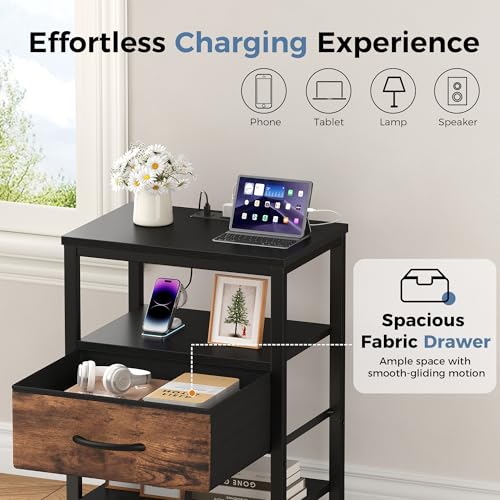 DUMOS Nightstand with Charging Station, Bedside Table with 1 USB-A, 1 USB-C & 2 AC Outlets, Fabric Drawer with Adjustable Open Shelf, Compact End Table for Bedroom, Black & Brown - color: Black and Brown, size: 15.7"Dx11.8"Wx23.4"H(1 Drawer, 1 Pack)