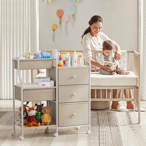 Modanais Baby Organizer and Storage - 3 Tier Rolling Cart with Dividers and Drawers, Easy To Assemble, Mobile Utility Cart with Wheels for Nursery, Bedroom, Changing Table & Crib,Off White | Detachable Dividers, 3 Tier Rolling Cart, Mobile Utility Cart wi
